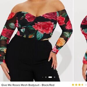 Fashion Nova Floral Mesh Bodysuit - Black/Red